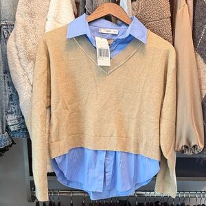 Mango V-Neck Tan Sweater with Blue Layered Shirt